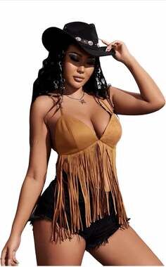 Verdusa Women's Brown Faux Suede Fringe Tie Back Halter Top